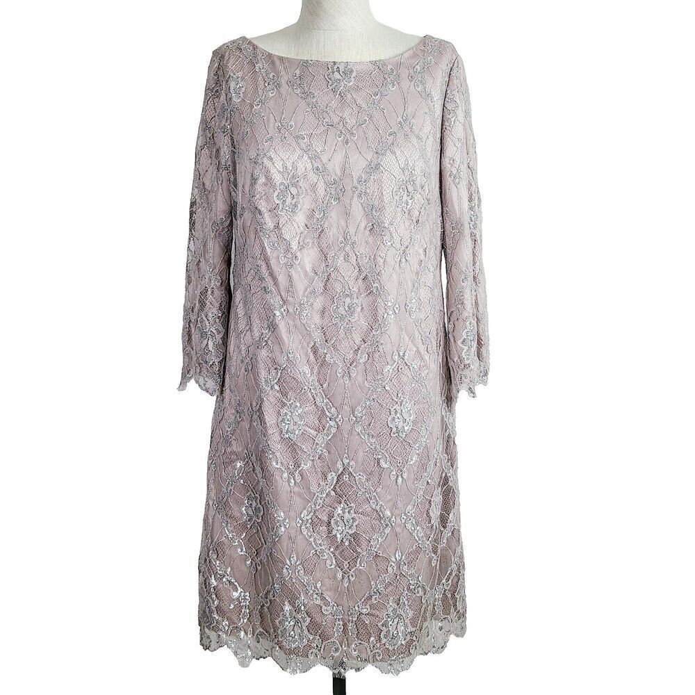 Eliza J Dress 8 Beige Silver Shimmer‎ Lace Evening Occasion Knee Length Shift